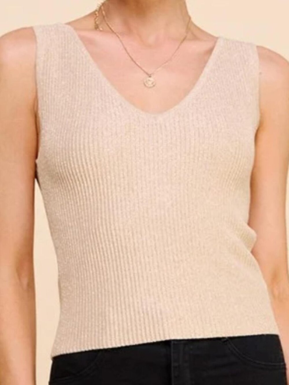 Allie Rose Cream Ribbed V Neck Knit Tank Top - Size L